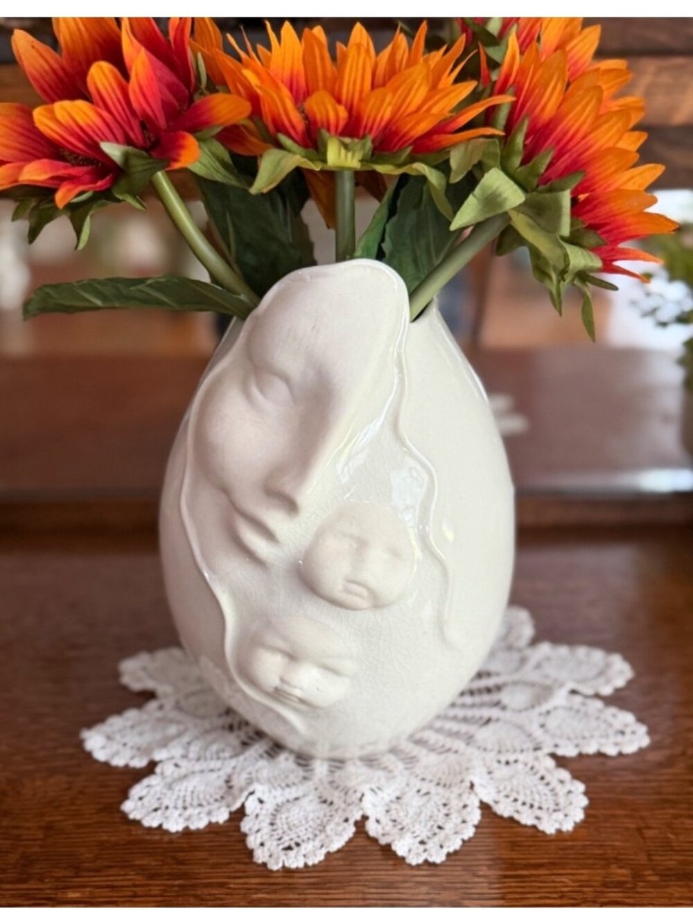 Vintage Sara Lund Art Pottery Face Vase Mother and Children Artist Signed 1999